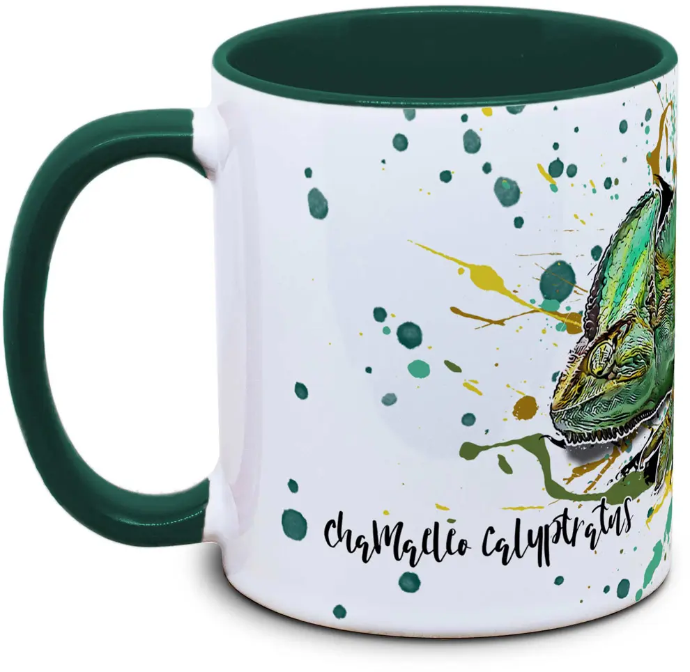 Tasse mit Chamaeleo calyptratus Jemenchamaeleon Seitenansicht rechts des Henkels