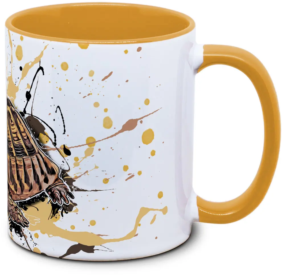 Tasse mit Testudo hermanni griechische Landschildkroete Seitenansicht links des Henkels