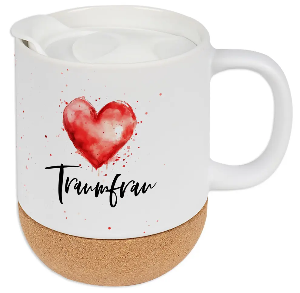 Tasse mit Korksockel - Traumfrau mit Herzmotiv