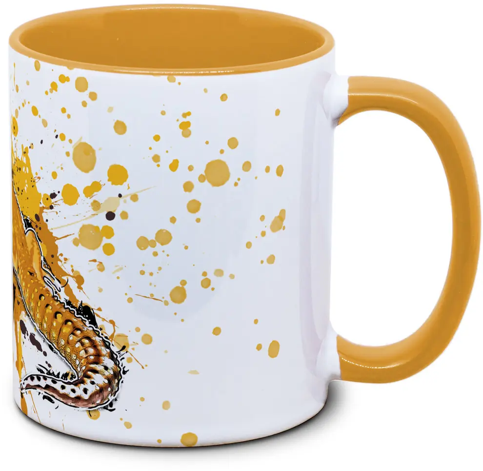 Tasse mit Eublepharis macularius Tangerine Bellalbino Leopardgecko Seitenansicht links des Henkels