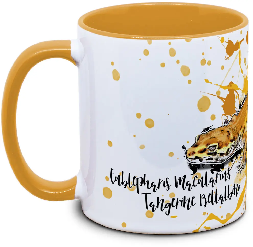 Tasse mit Eublepharis macularius Tangerine Bellalbino Leopardgecko Seitenansicht rechts des Henkels