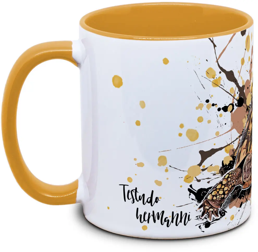 Tasse mit Testudo hermanni griechische Landschildkroete Seitenansicht rechts des Henkels