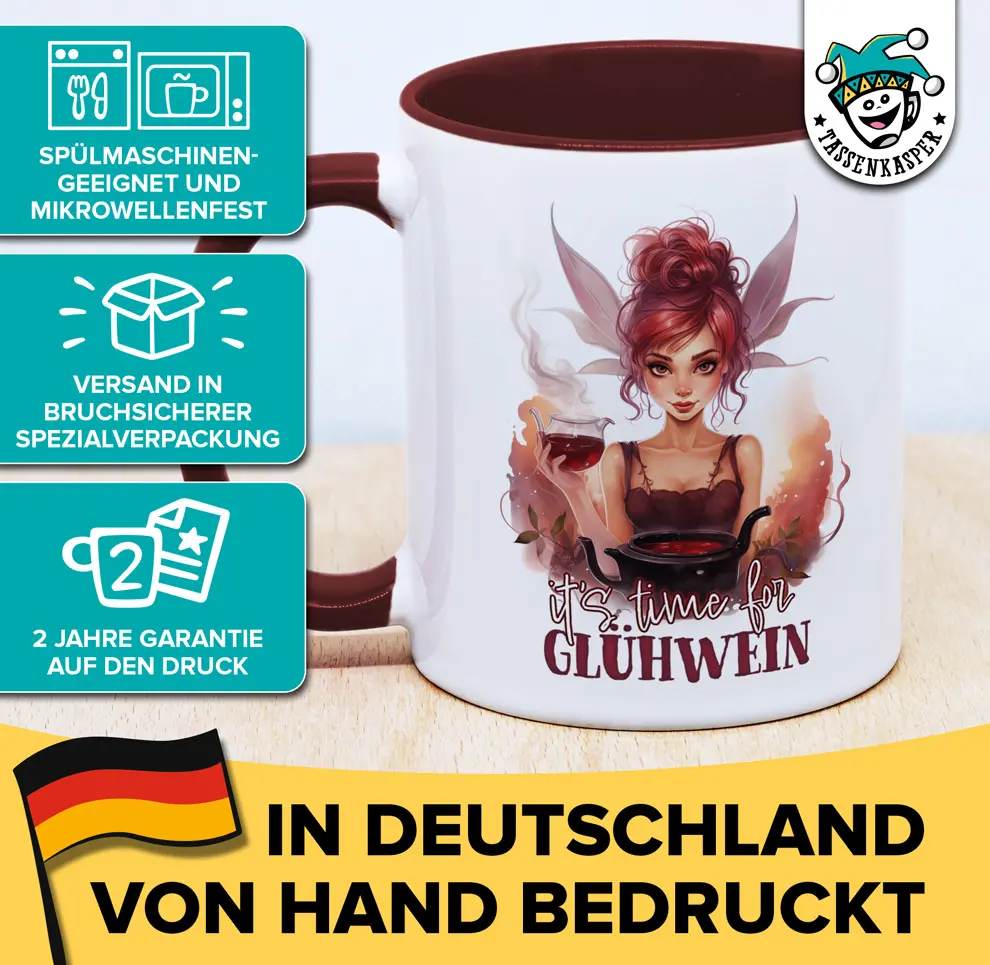 Glühweintasse mit Elfe und Spruch: it´s time for Glühwein, mit Produktvorteilen