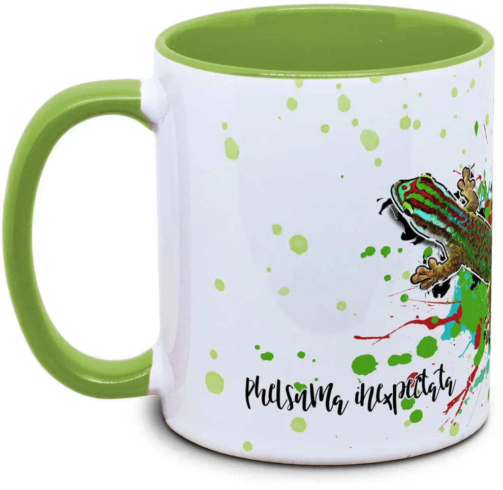 Tasse mit Phelsuma inexpectata Manapany Taggecko Seitenansicht rechts des Henkels