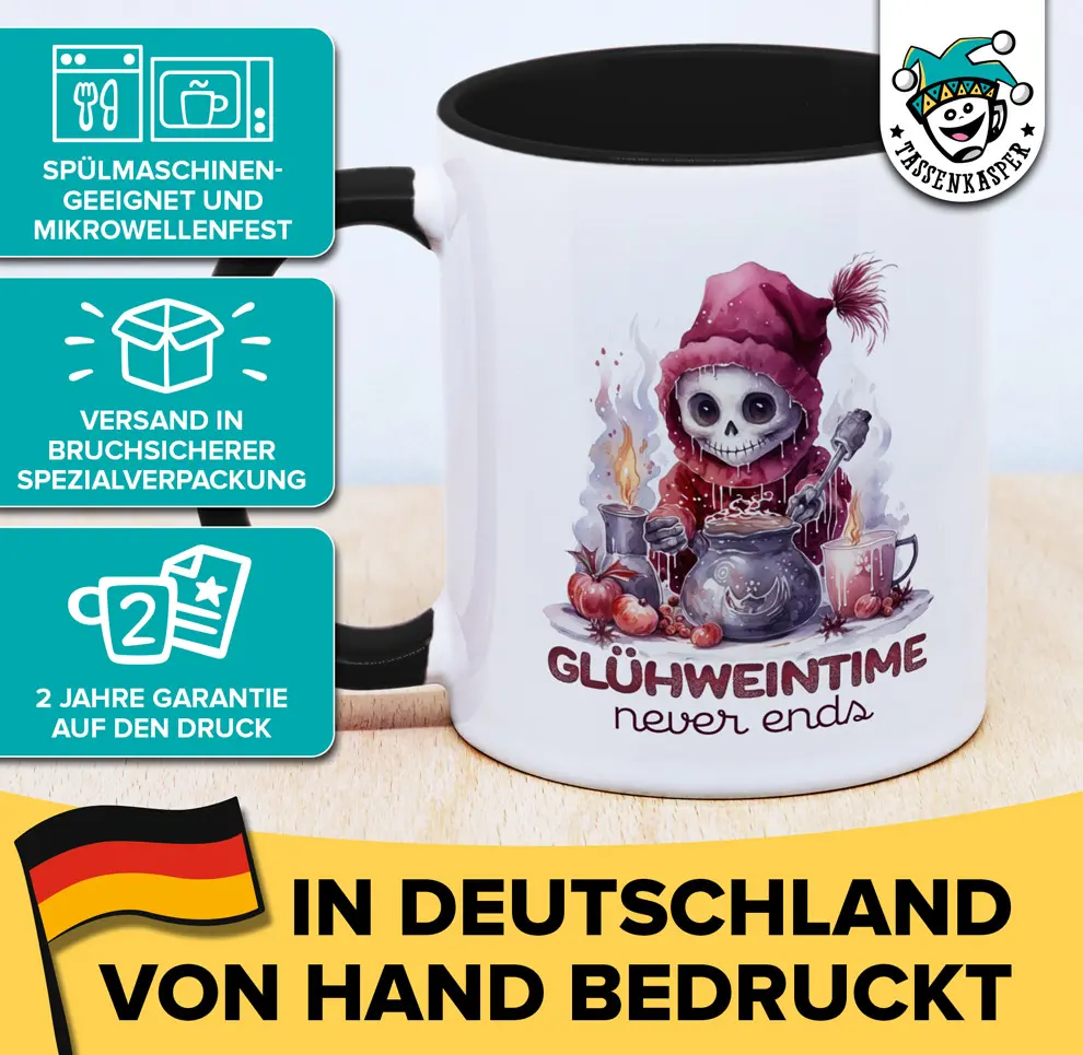 Glühweintasse mit Skelett und Spruch: Glühweintime never ends, mit Produktvorteilen