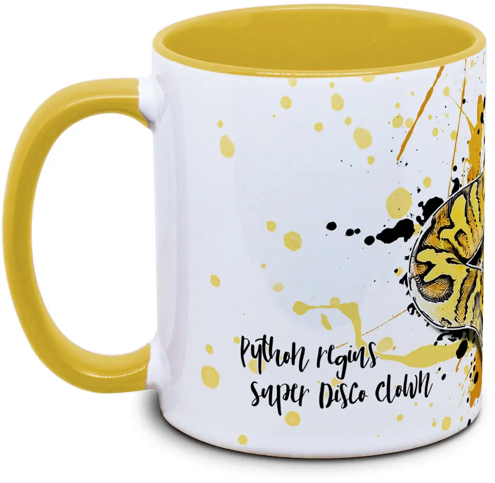 Tasse mit Python regius Super Disco Clown Koenigspython Seitenansicht rechts des Henkels