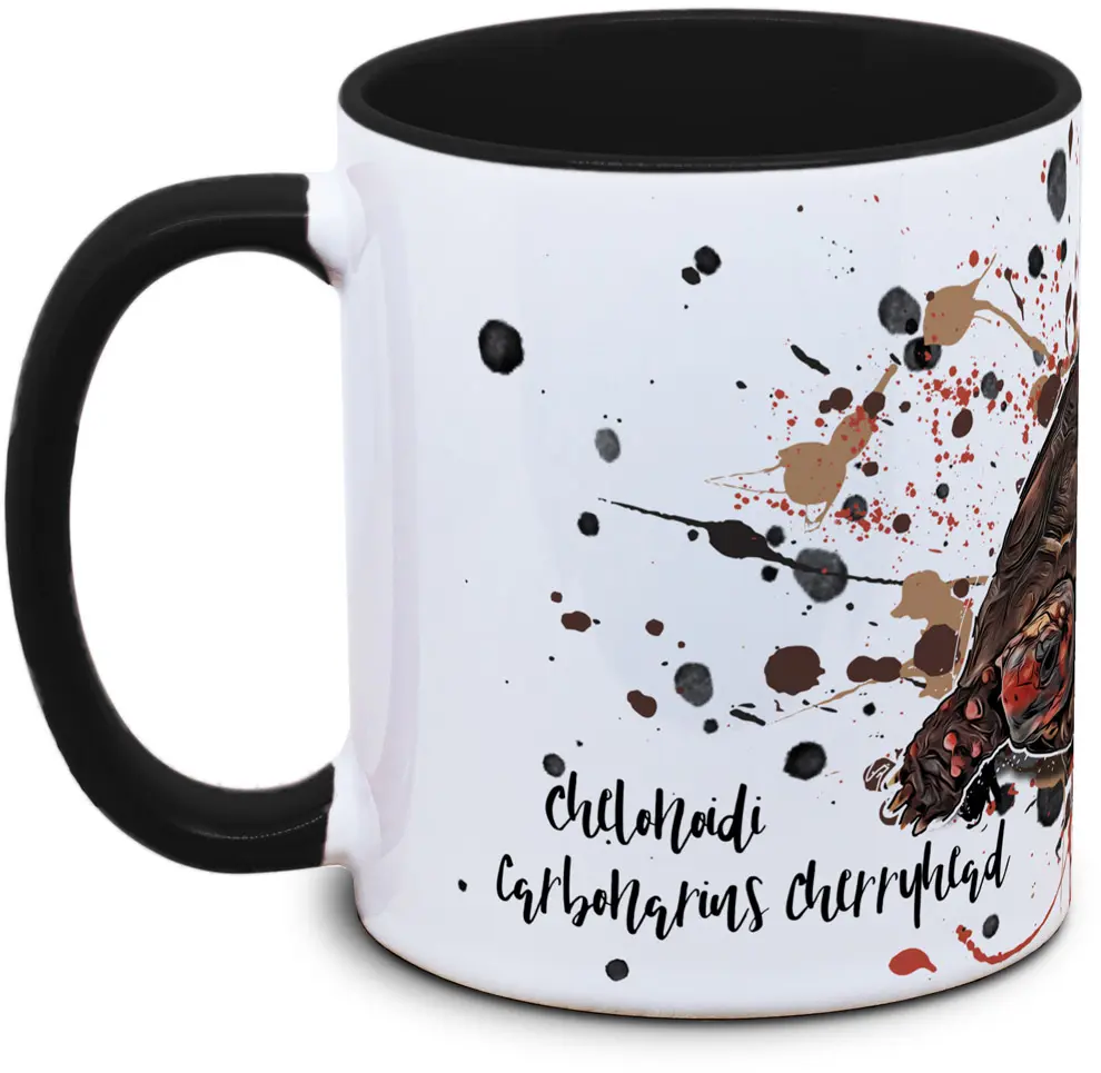 Tasse mit Chelonoidis Carbonarius Cherryhead Rotkopf Koehlerschildkroete Seitenansicht rechts des Henkels