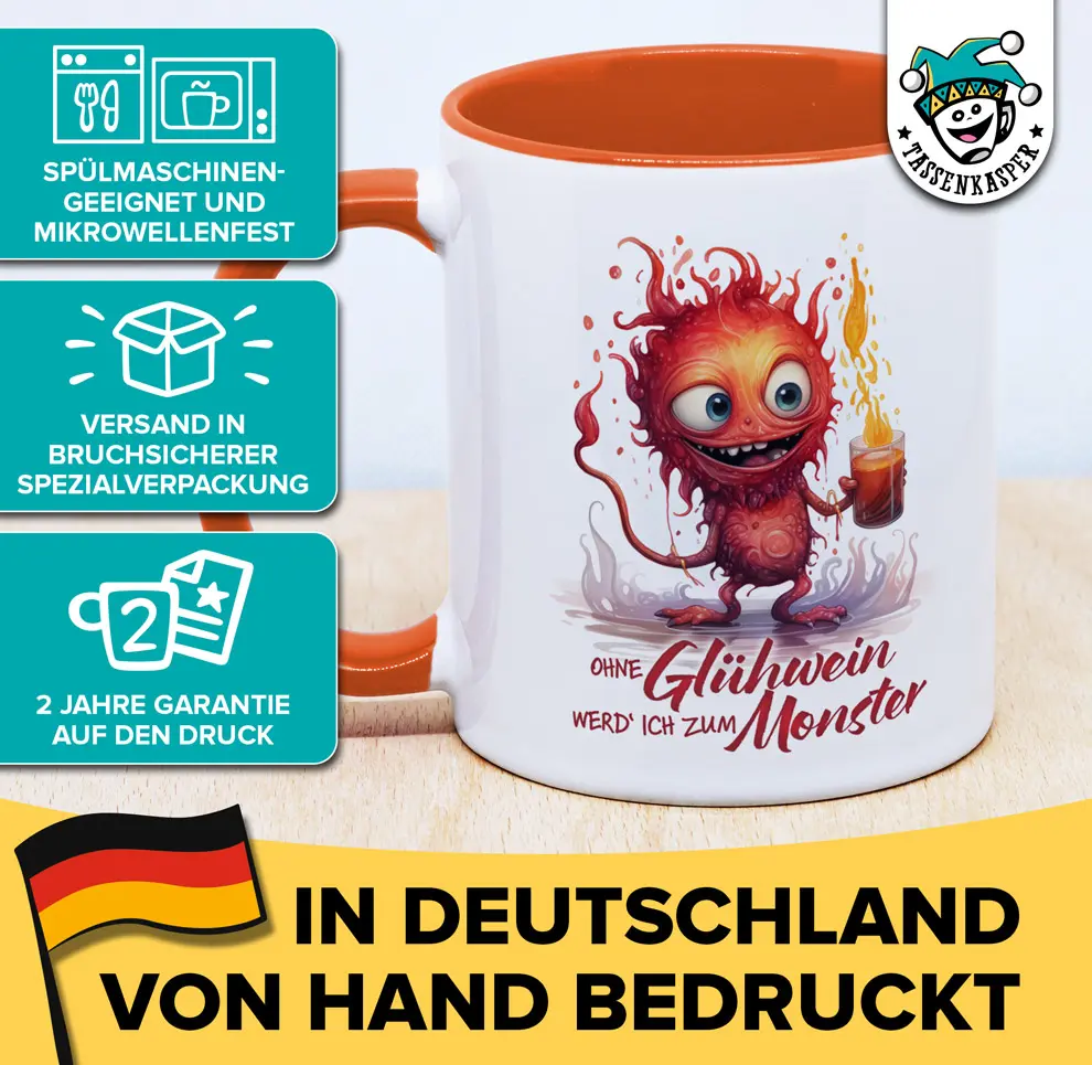 Glühweintasse mit Monster und Spruch: Ohne Glühwein werd ich zum Monster, mit Produktvorteilen